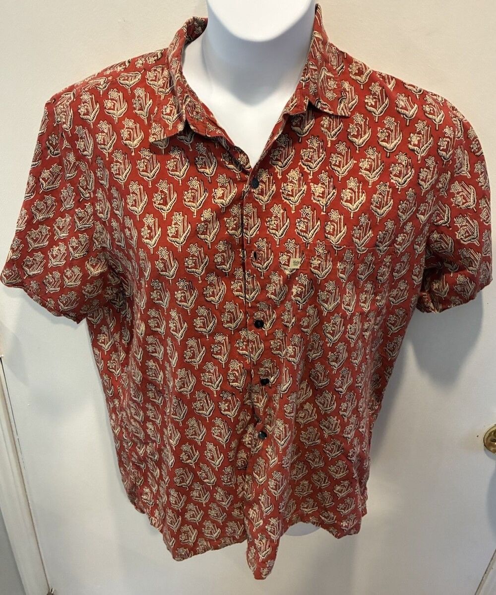 Anokhi Mens XL Red Floral Block Print Shirt 100% Cotton India Short Sleeve Boho
